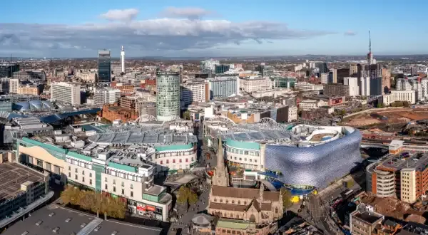 Birmingham city centre from the air, with the Selfridges building at the Bullring and the Rotunda