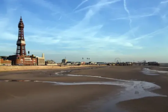 Blackpool Tower and the beach, with Central Pier in the distance
